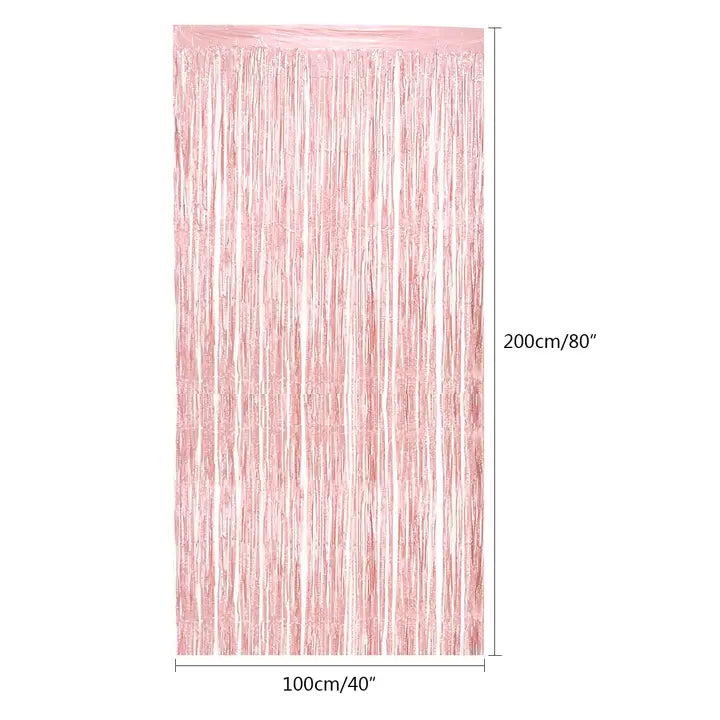 Rose gold foil fringe curtain decorative backdrop for bridal celebration from Parte Haus party supply store in Bethesda Maryland