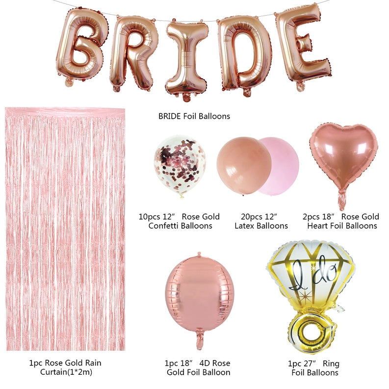 Rose gold bride decoration kit with foil and confetti balloons and rain curtain bridal shower theme from Parte Haus party supply store in Bethesda MD