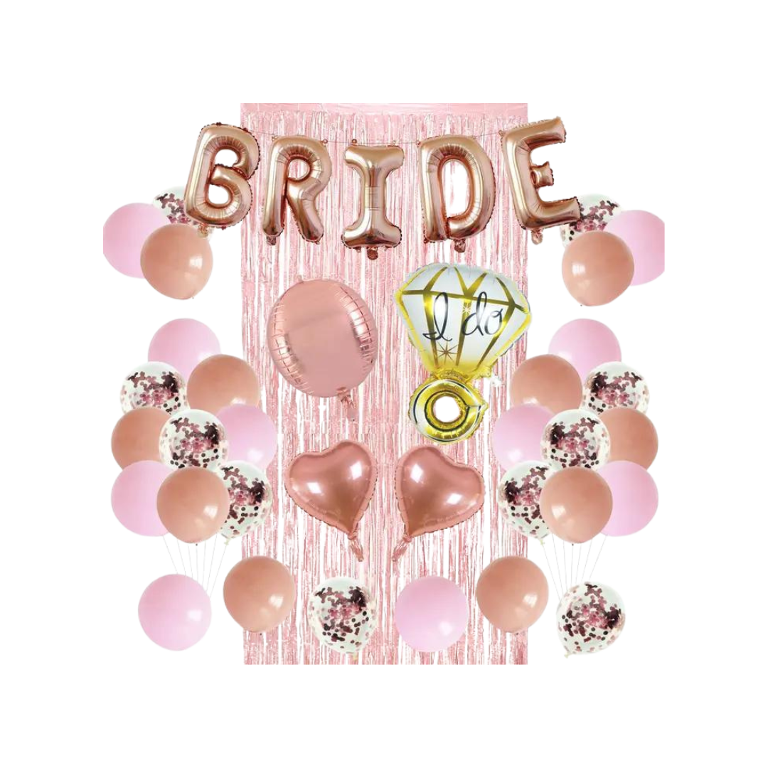 Rose gold pink bridal shower decoration kit with balloons and BRIDE banner bridal theme from Parte Haus party supply store in Bethesda MD