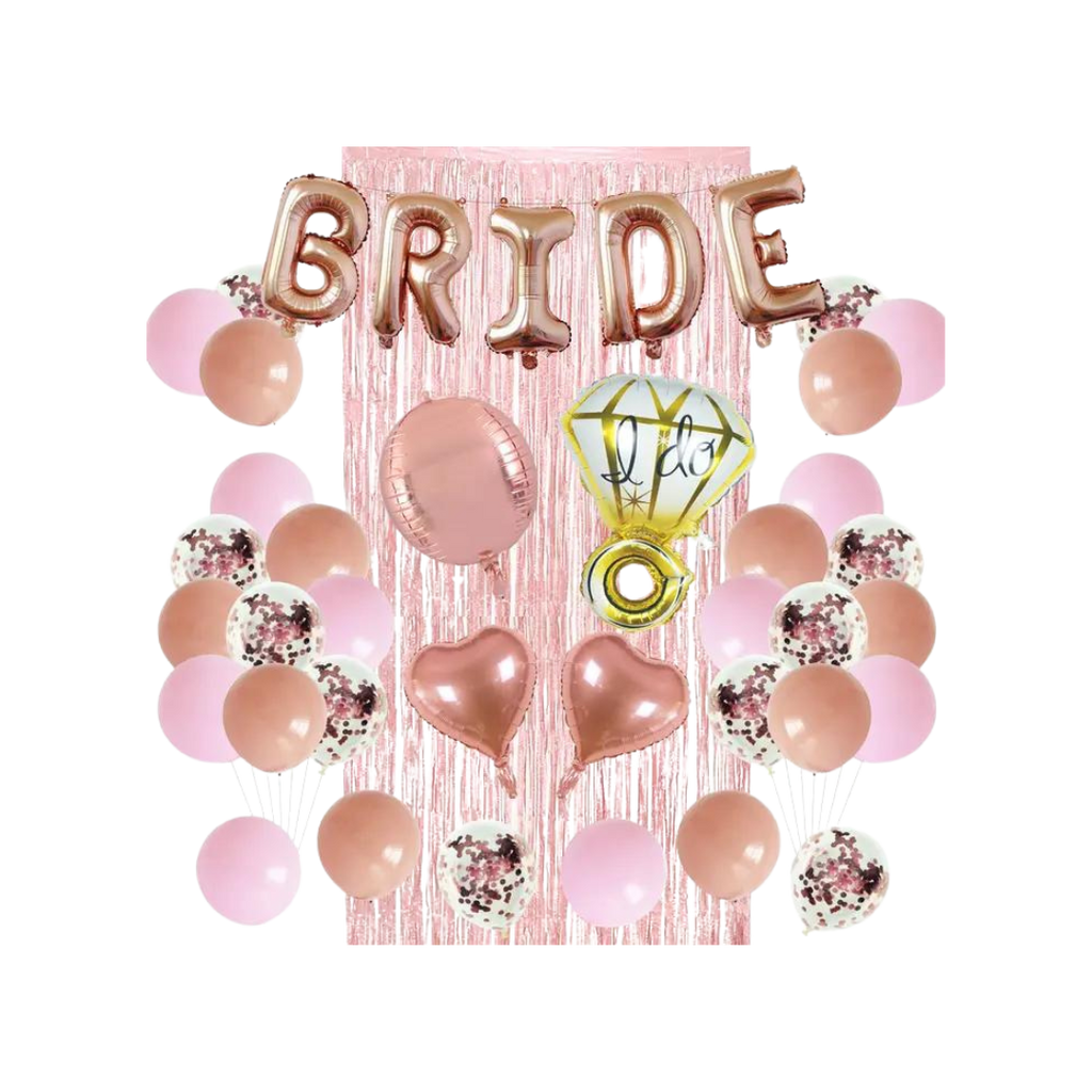 Rose gold and pink bridal shower decoration kit with balloons and heart shapes for bridal shower from Parte Haus party supply store in Bethesda Maryland