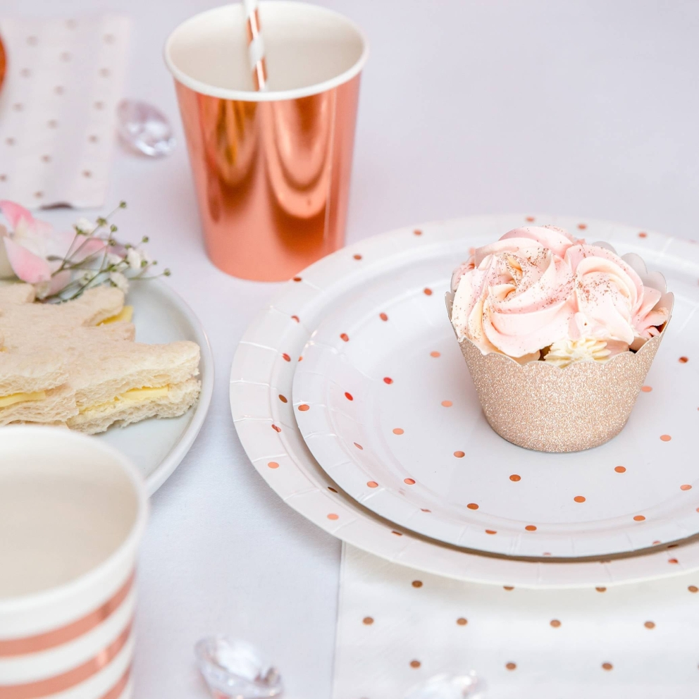 Rose gold foil cups and polka dot plates for birthday or bridal shower from Parte Haus party supply store in Bethesda MD