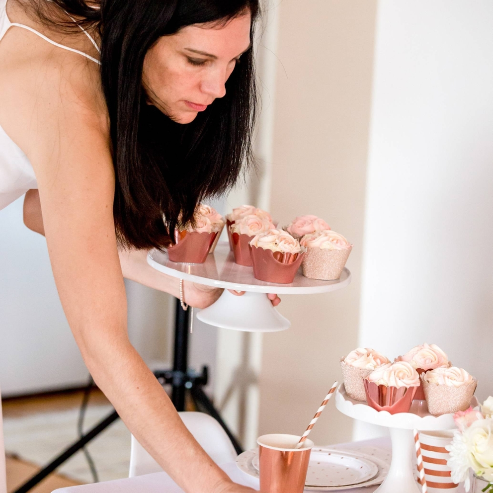 Rose gold foil cups with metallic finish for birthday celebration from Parte Haus party supply store in Bethesda Maryland