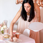 Rose gold foil cups with pink stripes for birthday brunch from Parte Haus party supply store in Bethesda Maryland