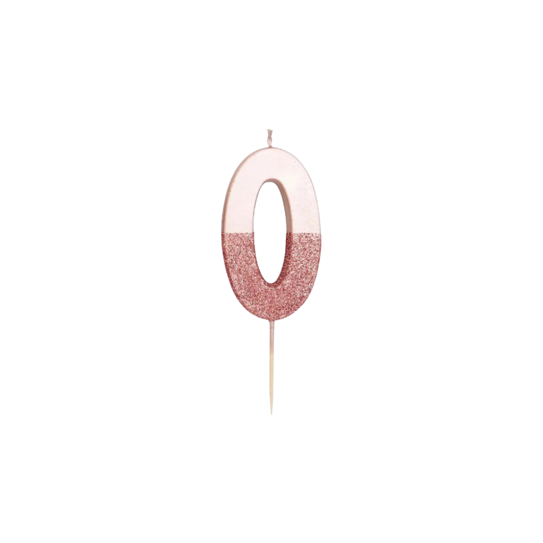 Rose gold glitter number candle zero birthday decoration from Parte Haus party supply store in Bethesda MD