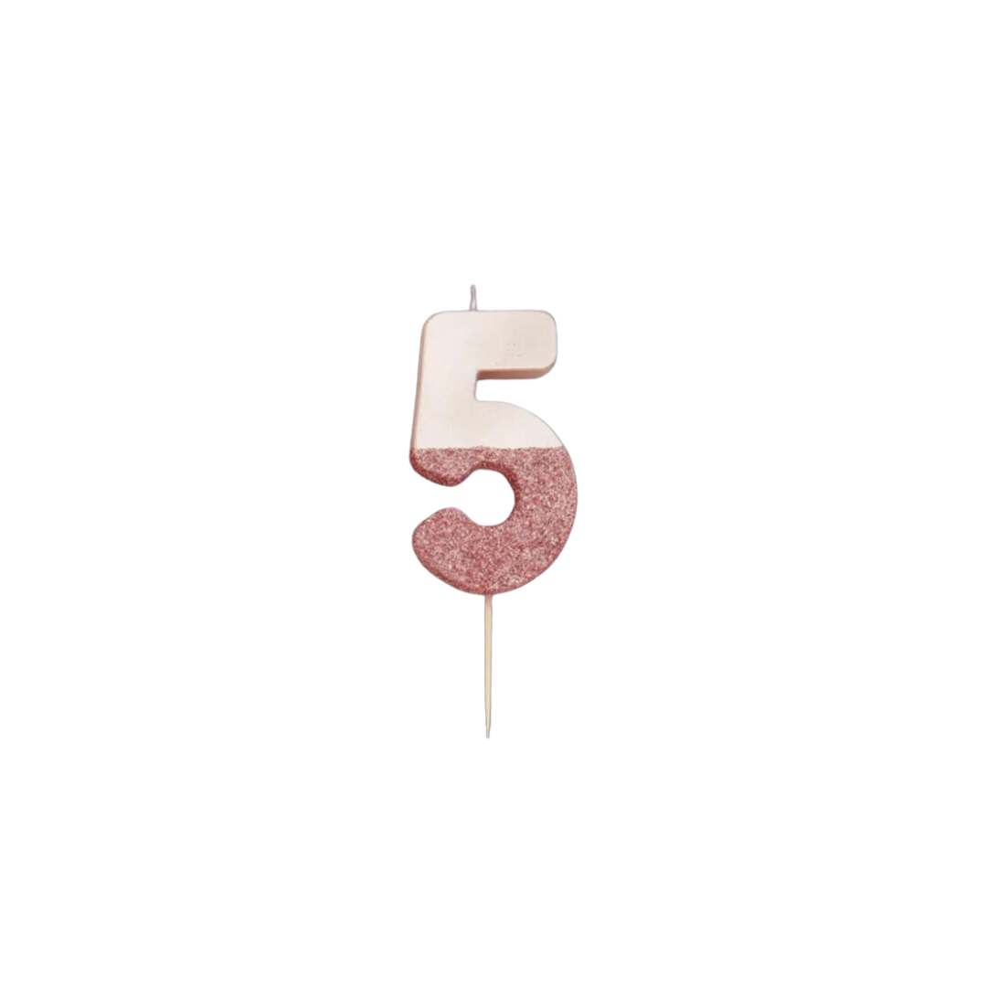 Rose gold glitter number 5 candle with glitter design for birthdays from Parte Haus party supply store in Bethesda Maryland