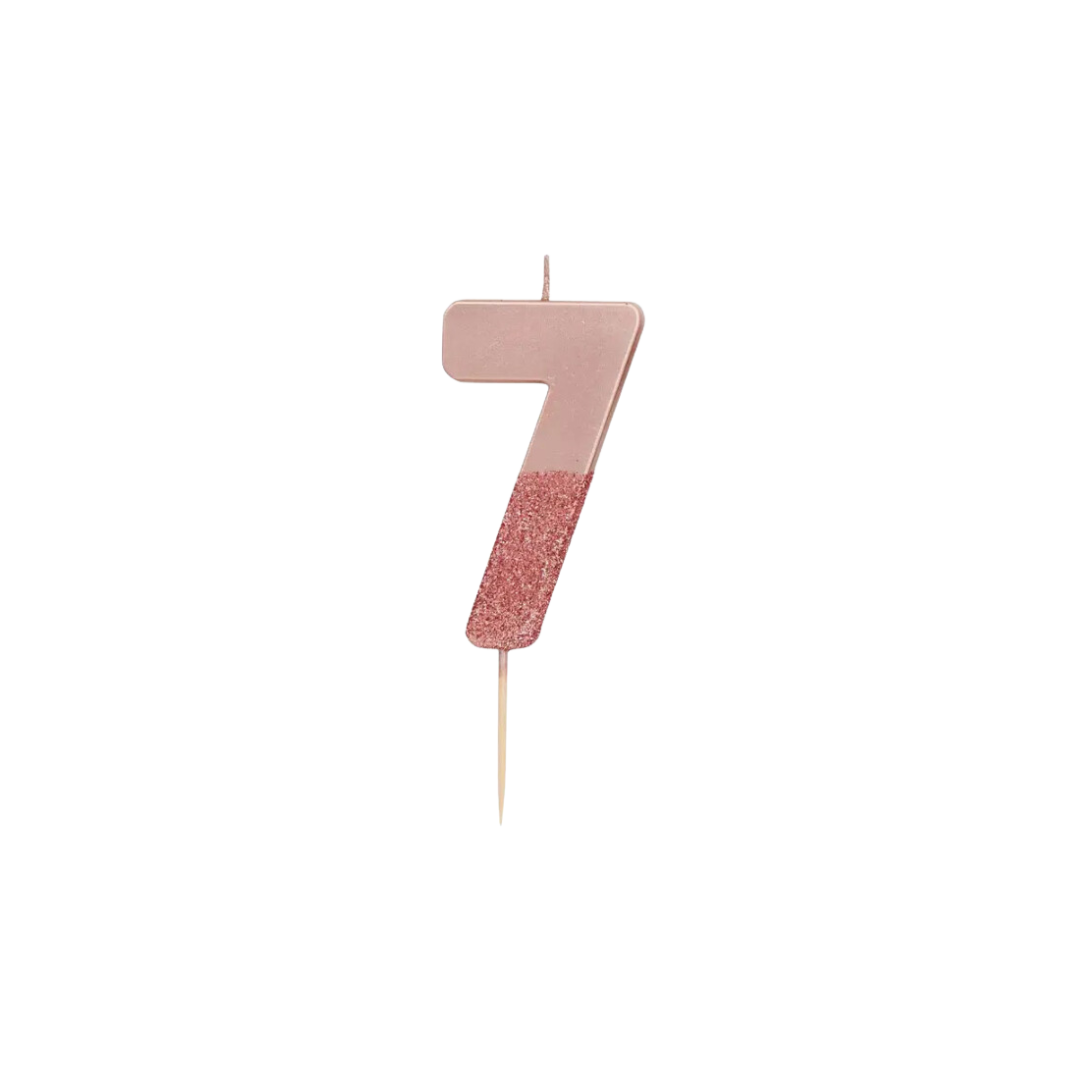 Rose gold glitter number candle seven for birthday from Parte Haus party supply store in Bethesda MD