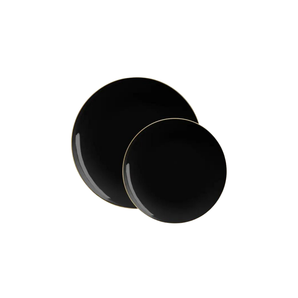 Black gold plastic plates with round shape elegant dinnerware from Parte Haus party supply store in Bethesda MD