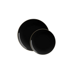 Black gold plastic plates with round shape elegant dinnerware from Parte Haus party supply store in Bethesda MD