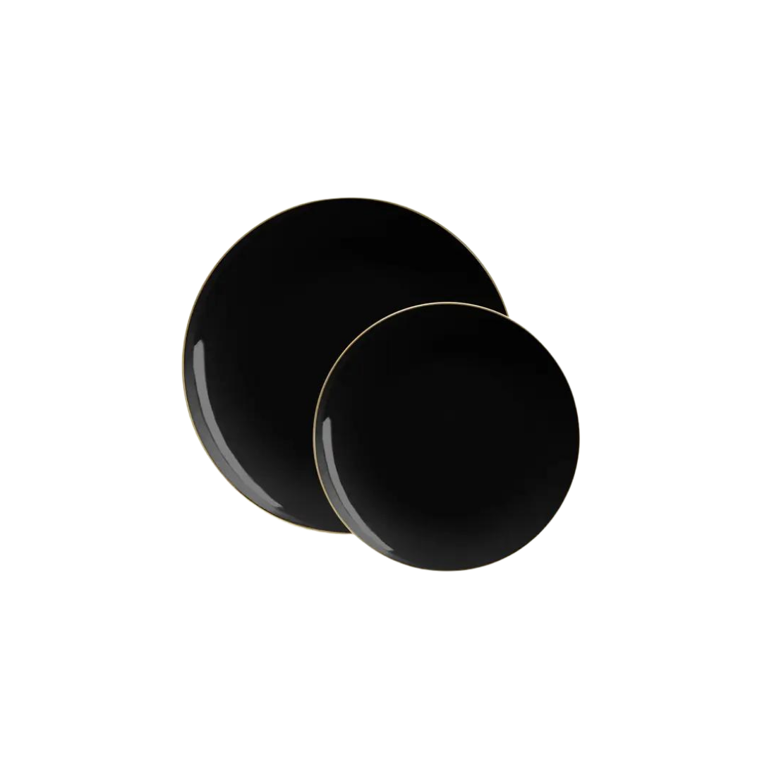 Black gold plastic plates with round shape elegant dinnerware from Parte Haus party supply store in Bethesda MD