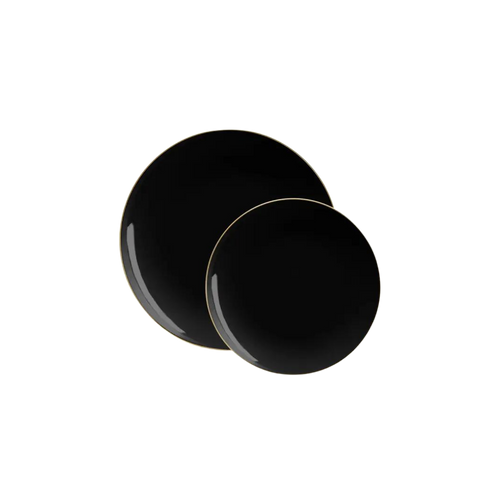 Black gold plastic plates with round shape elegant dinnerware from Parte Haus party supply store in Bethesda MD