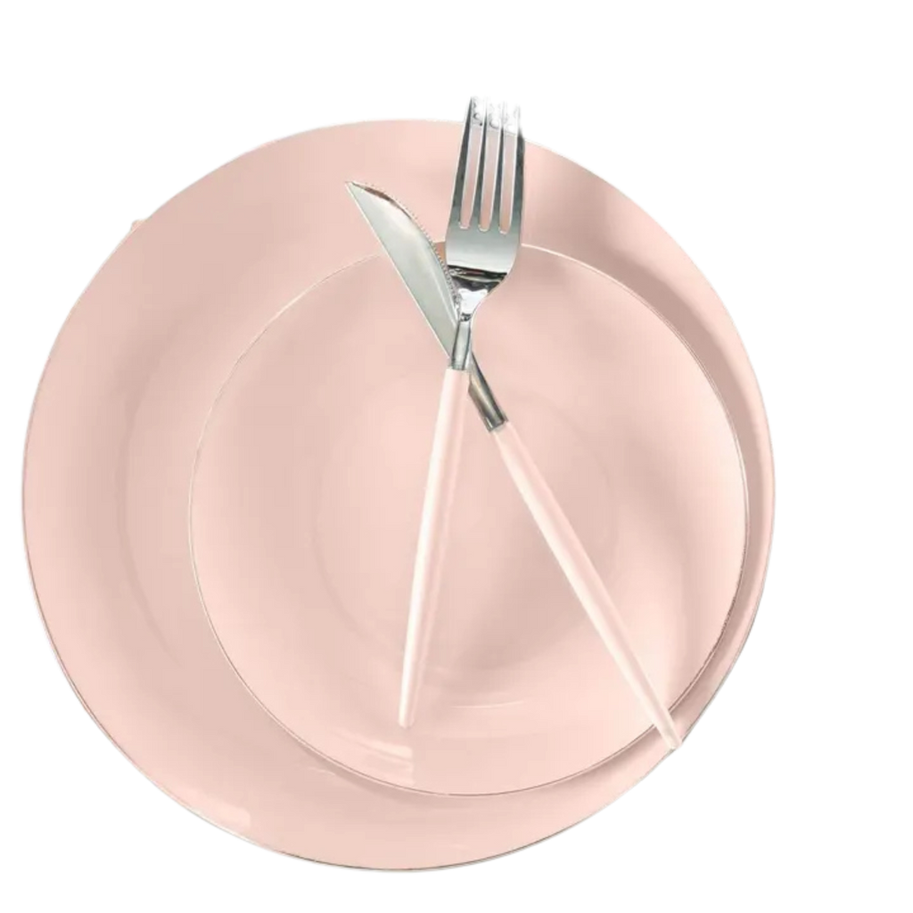 Blush silver plastic plates with matching utensils elegant tableware from Parte Haus party supply store in Bethesda MD