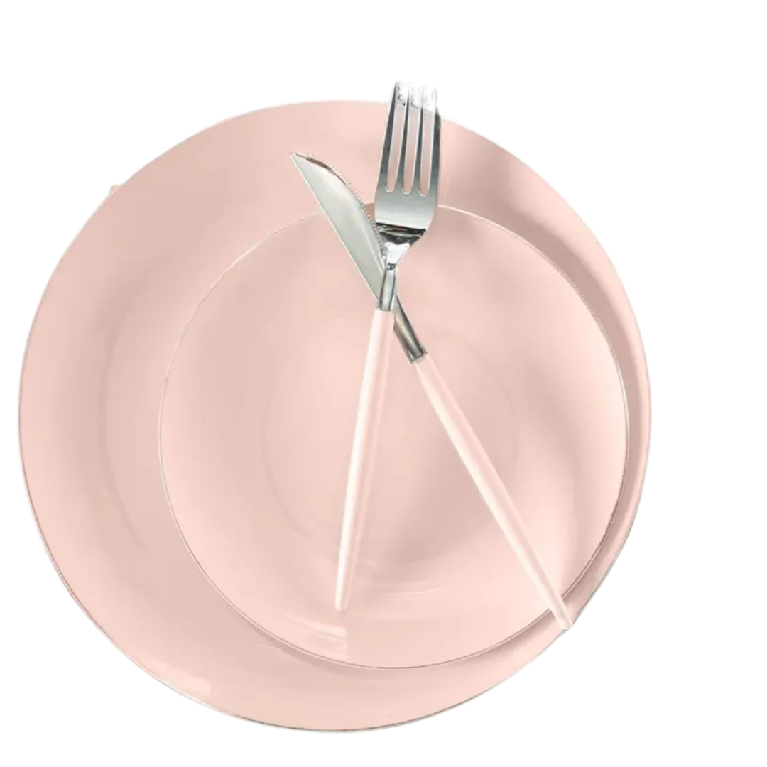 Blush silver plastic plates with matching utensils elegant tableware from Parte Haus party supply store in Bethesda MD