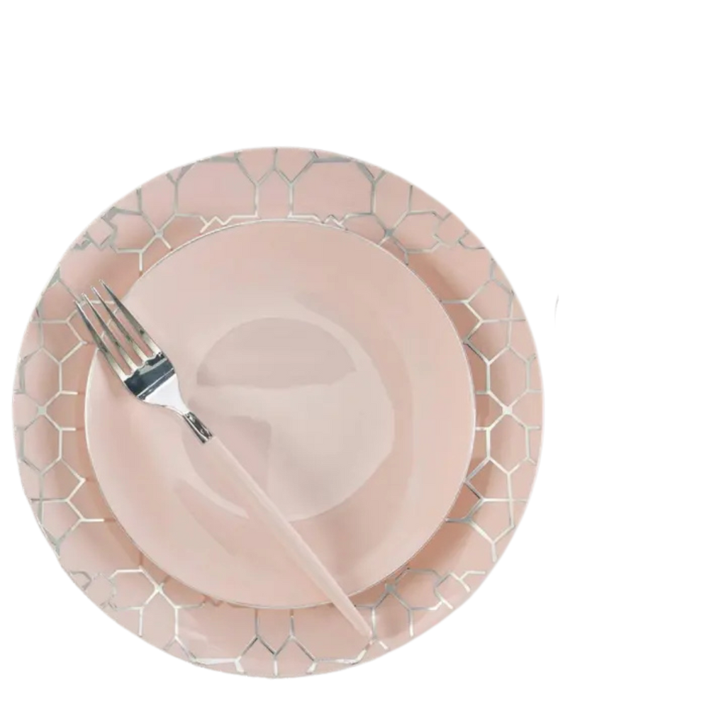 Blush silver round plastic plates with geometric rim elegant dining from Parte Haus party supply store in Bethesda MD