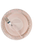 Blush silver round plastic plates with geometric rim elegant dining from Parte Haus party supply store in Bethesda MD