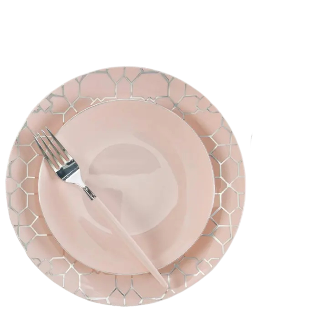 Blush silver round plastic plates with geometric rim elegant dining from Parte Haus party supply store in Bethesda MD