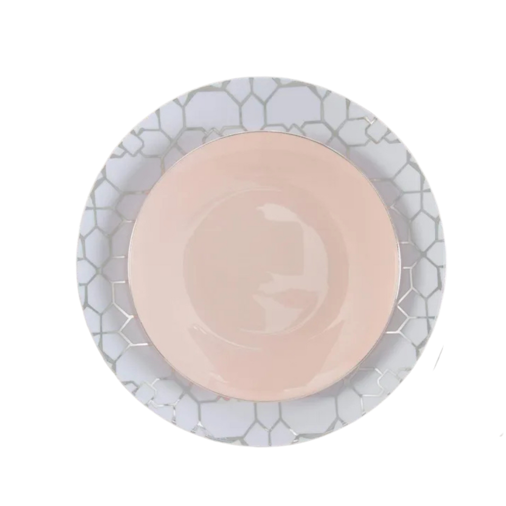 Blush and silver round plastic plates with geometric border elegant dinner from Parte Haus party supply store in Bethesda MD
