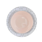 Blush and silver round plastic plates with geometric border elegant dinner from Parte Haus party supply store in Bethesda MD