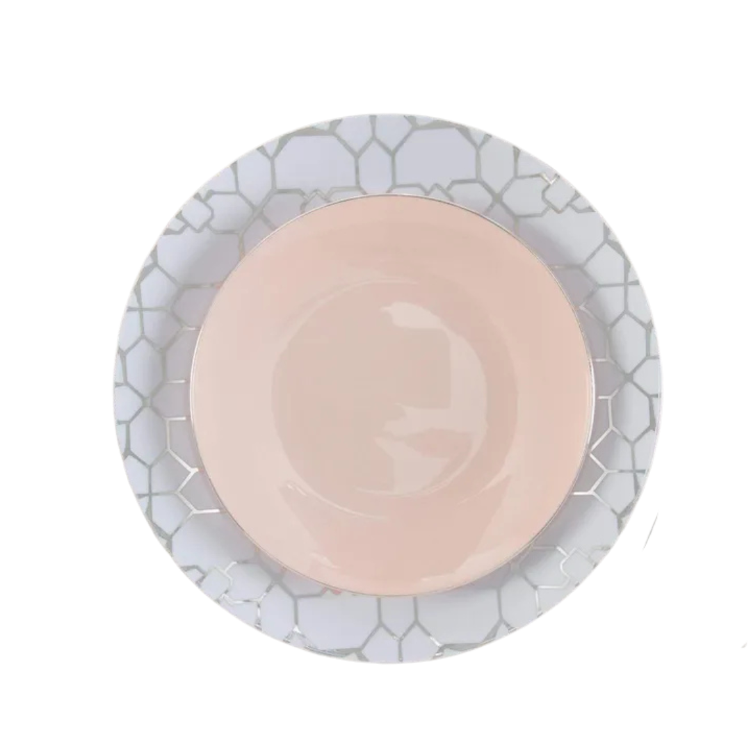 Blush and silver round plastic plates with geometric border elegant dinner from Parte Haus party supply store in Bethesda MD