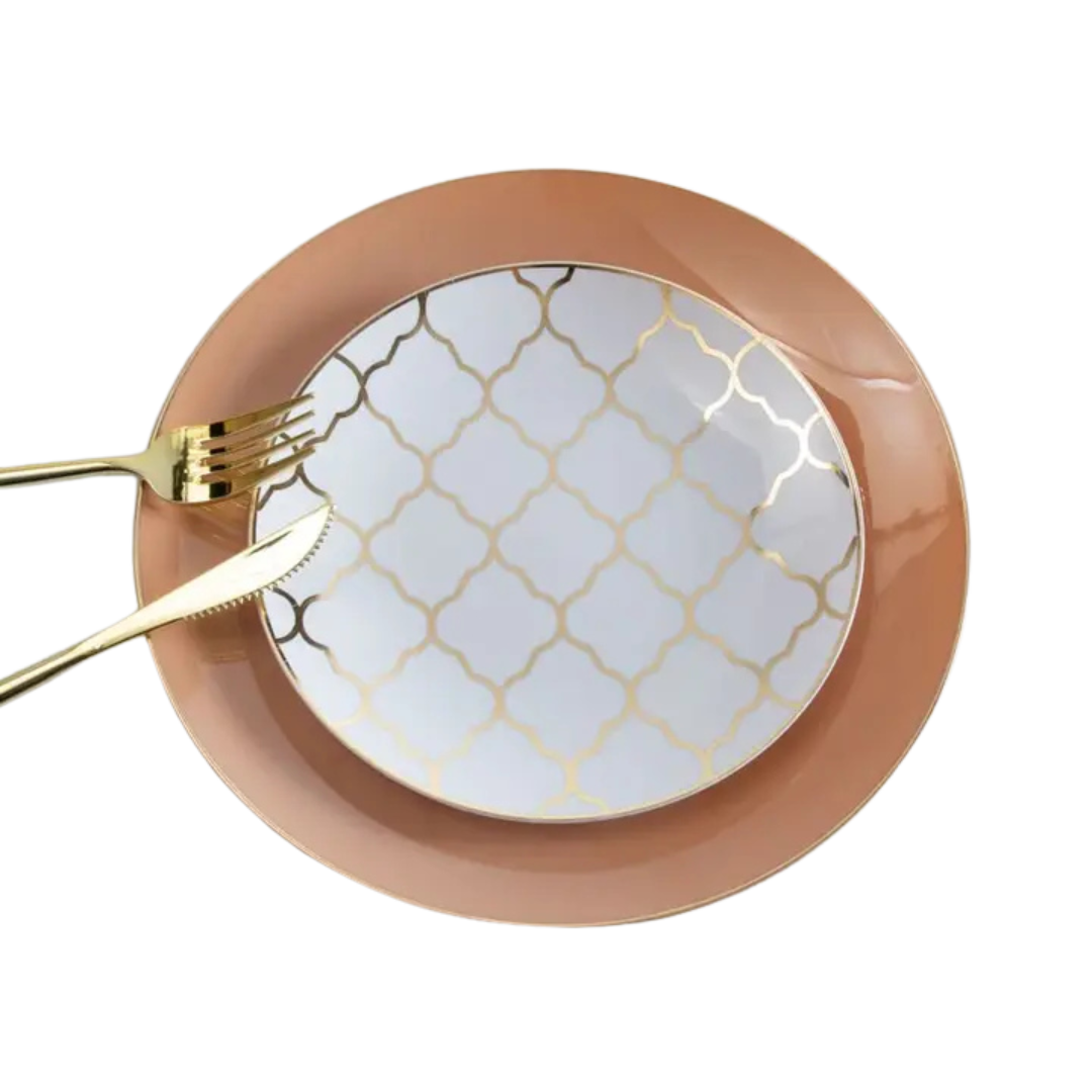 Clay gold plastic plates with gold cutlery elegant dinnerware for celebrations from Parte Haus party supply store in Bethesda MD
