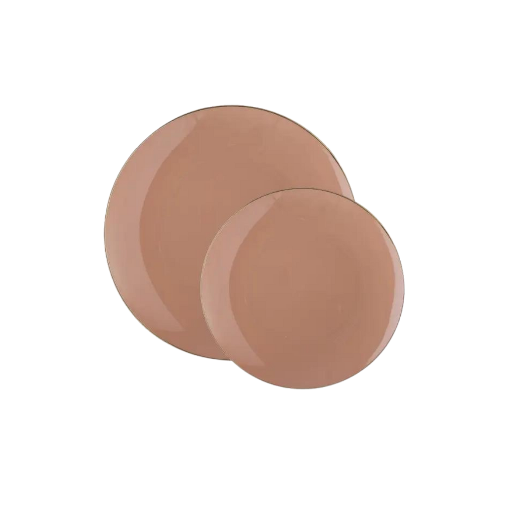 Round clay gold plastic plates modern dinnerware for elegant events from Parte Haus party supply store in Bethesda MD.
