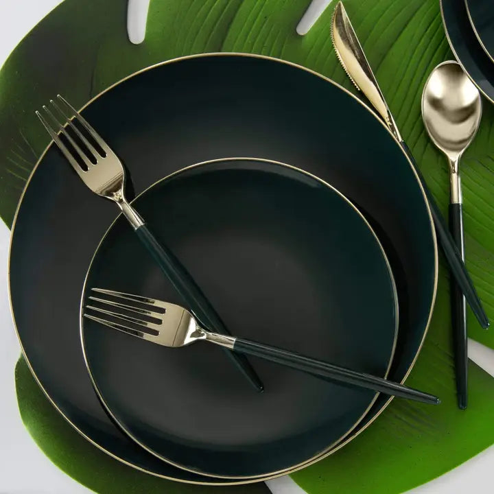 Emerald gold plastic plates set modern appetizer tableware tropical event from Parte Haus party supply store in Bethesda MD