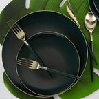 Emerald gold plastic plates set modern appetizer tableware tropical event from Parte Haus party supply store in Bethesda MD