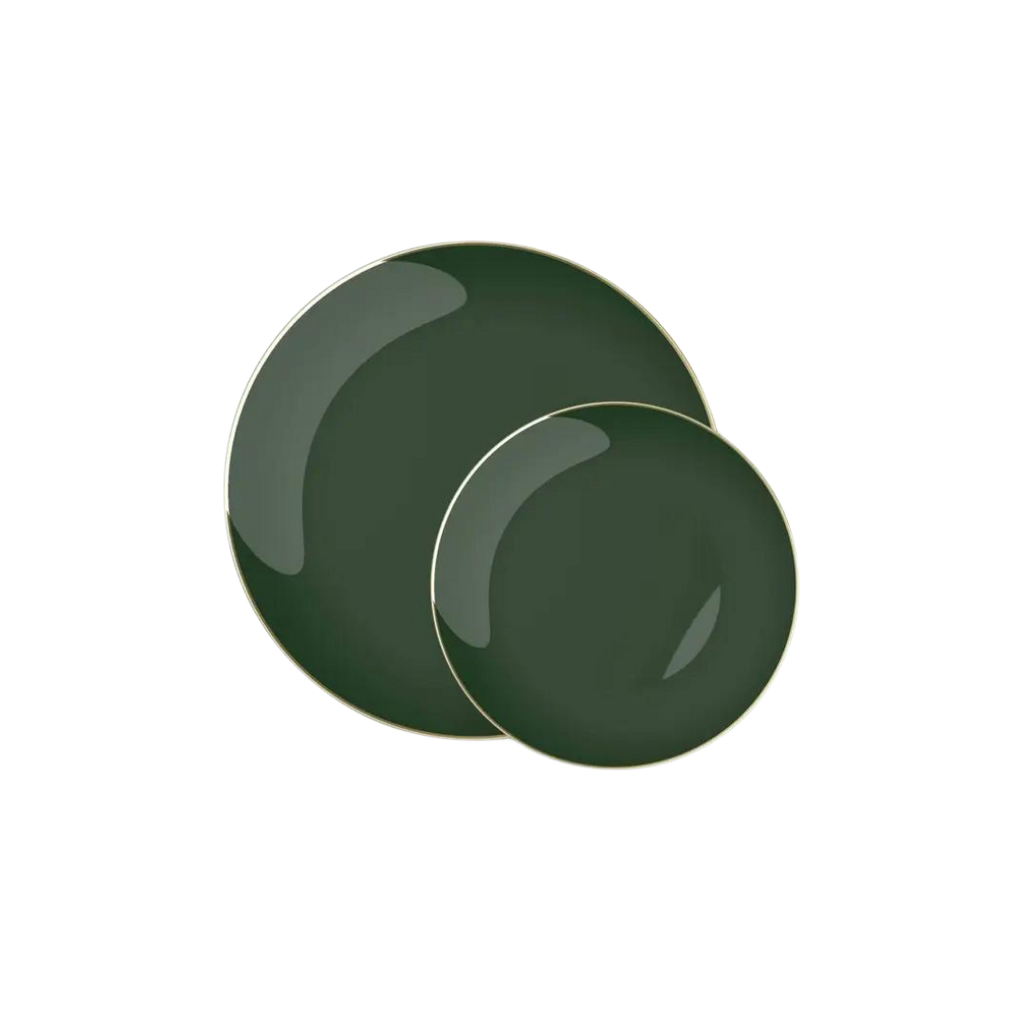 Emerald gold plastic round plates elegant appetizer set from Parte Haus party supply store in Bethesda MD