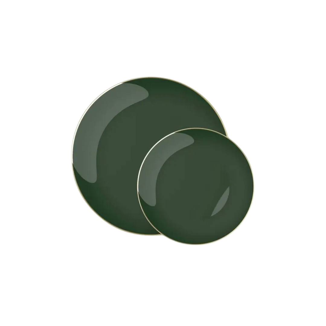 Emerald gold plastic round plates elegant appetizer set from Parte Haus party supply store in Bethesda MD