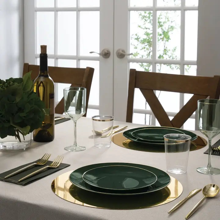 Emerald green and gold plastic plates elegant table setting dinner from Parte Haus party supply store in Bethesda MD
