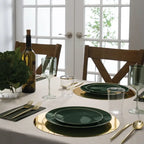 Emerald green and gold plastic plates elegant table setting dinner from Parte Haus party supply store in Bethesda MD