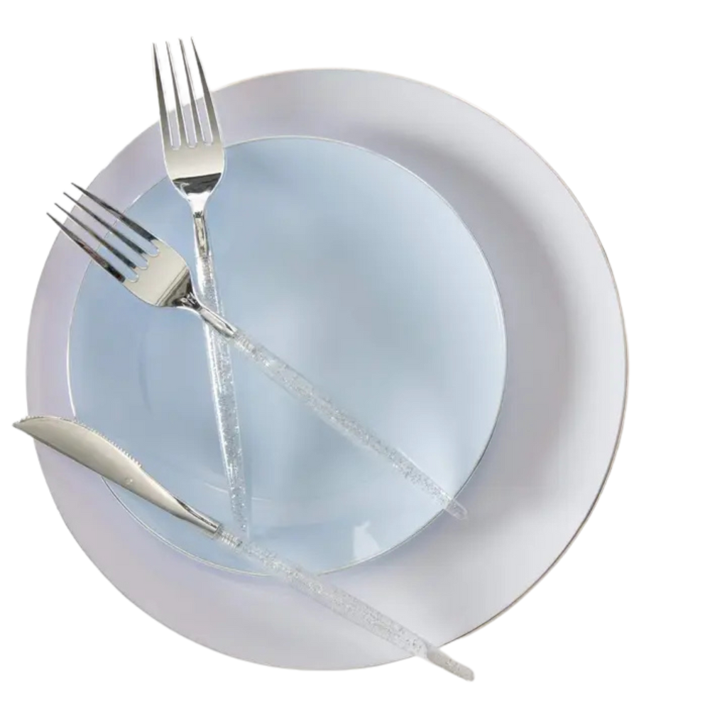 Ice blue silver plastic dinner plates with clear cutlery elegant event from Parte Haus party supply store in Bethesda MD