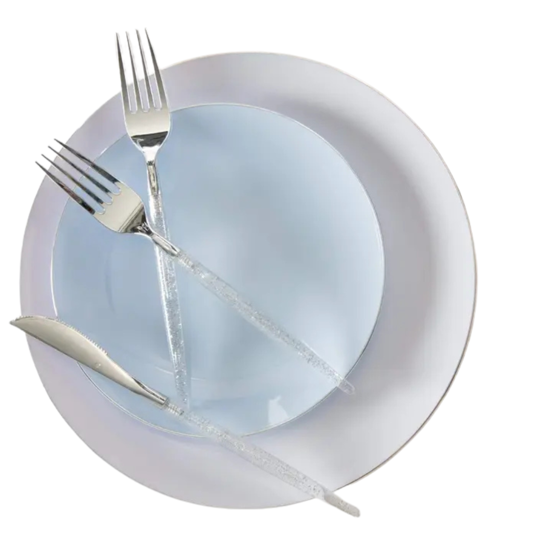 Ice blue silver plastic dinner plates with clear cutlery elegant event from Parte Haus party supply store in Bethesda MD