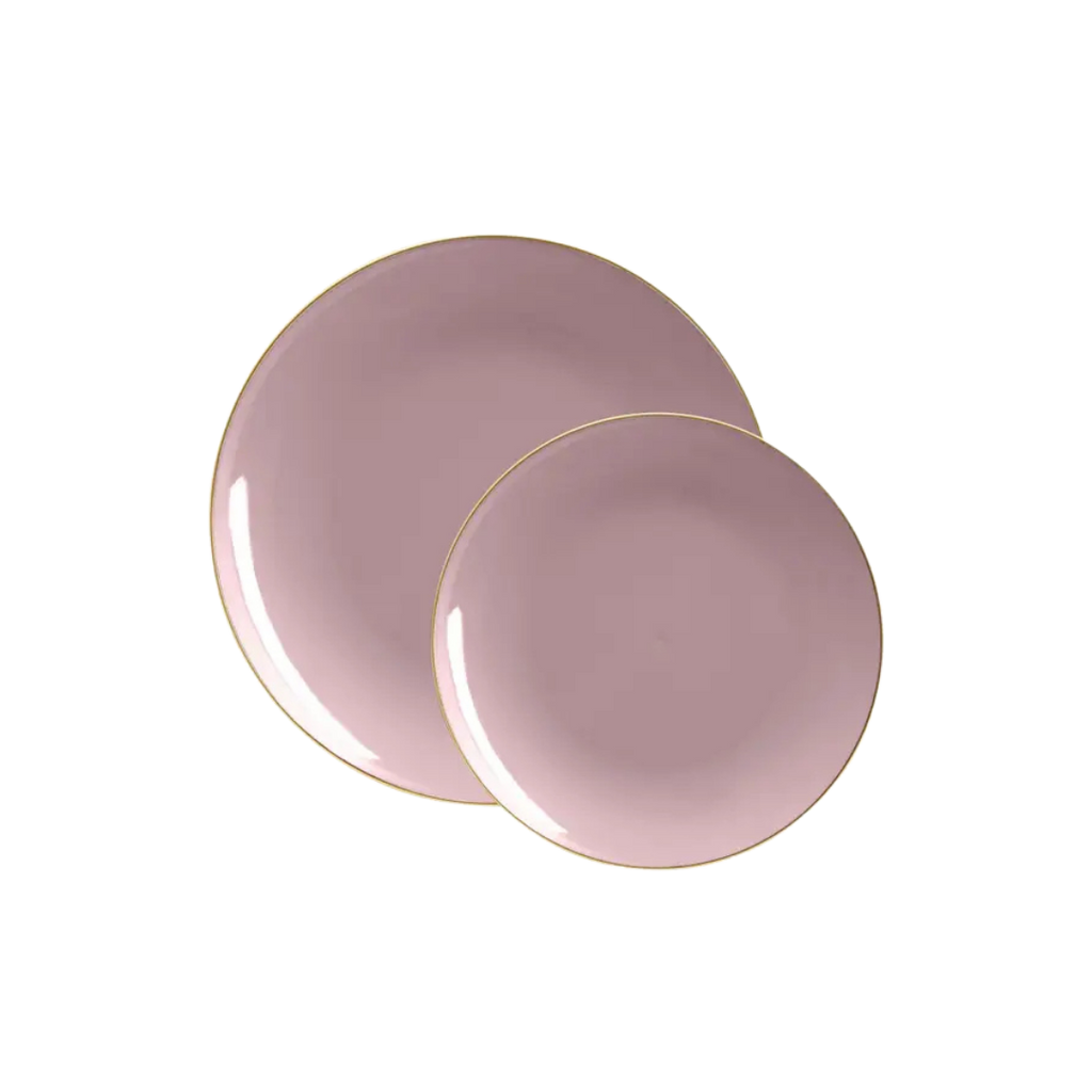 Mauve gold plastic plates modern round dining from Parte Haus party supply store in Bethesda MD