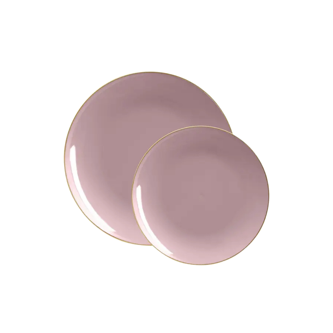 Mauve gold plastic plates modern round dining from Parte Haus party supply store in Bethesda MD