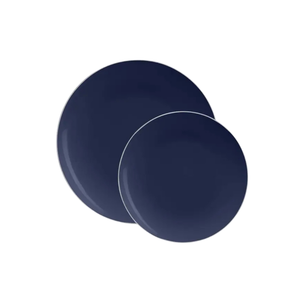 Navy round plastic dinner plates with silver rim from Parte Haus party supply store in Bethesda MD
