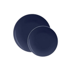 Navy round plastic dinner plates with silver rim from Parte Haus party supply store in Bethesda MD
