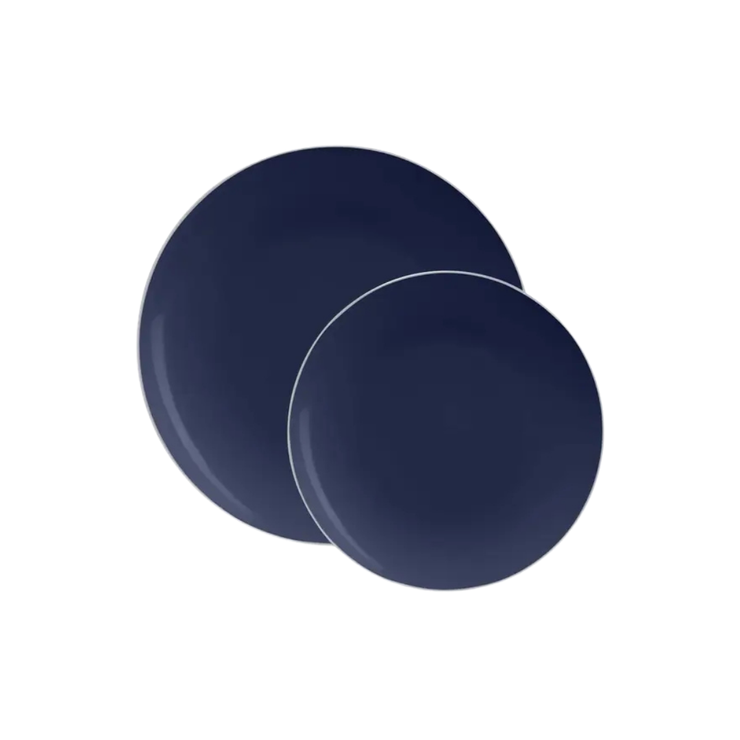Navy round plastic dinner plates with silver rim from Parte Haus party supply store in Bethesda MD