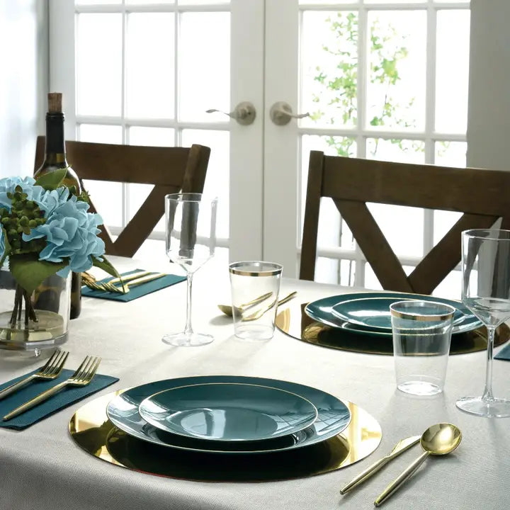 Teal and gold plastic dinner plates elegant place setting modern dinner party from Parte Haus party supply store in Bethesda MD
