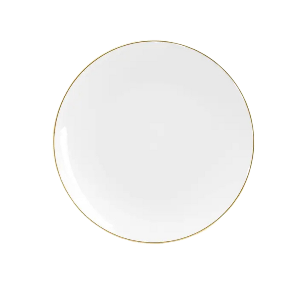 White round plastic plate with gold rim elegant dinnerware from Parte Haus party supply store in Bethesda MD
