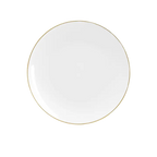 White round plastic plate with gold rim elegant dinnerware from Parte Haus party supply store in Bethesda MD