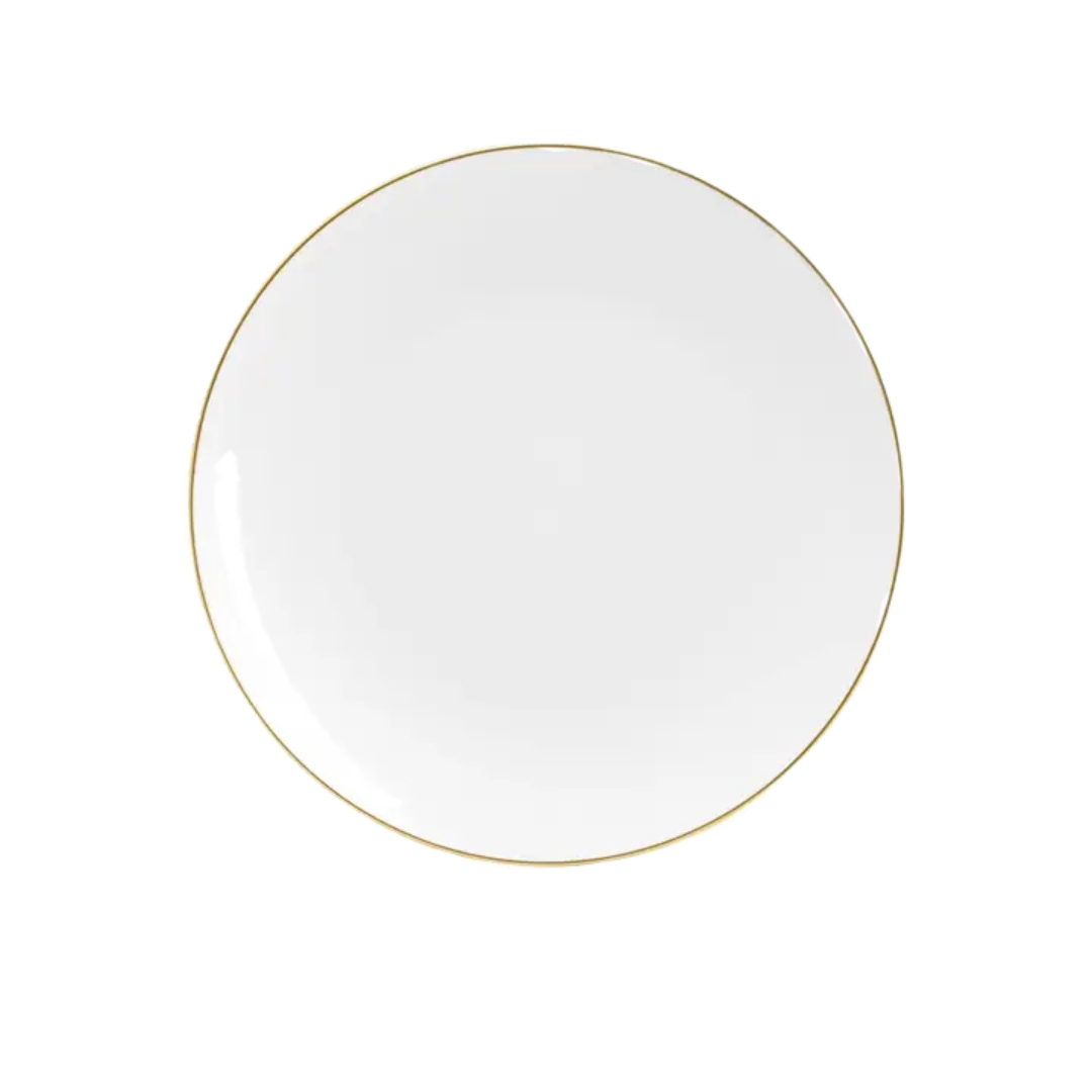 White round plastic plate with gold rim elegant dinnerware from Parte Haus party supply store in Bethesda MD