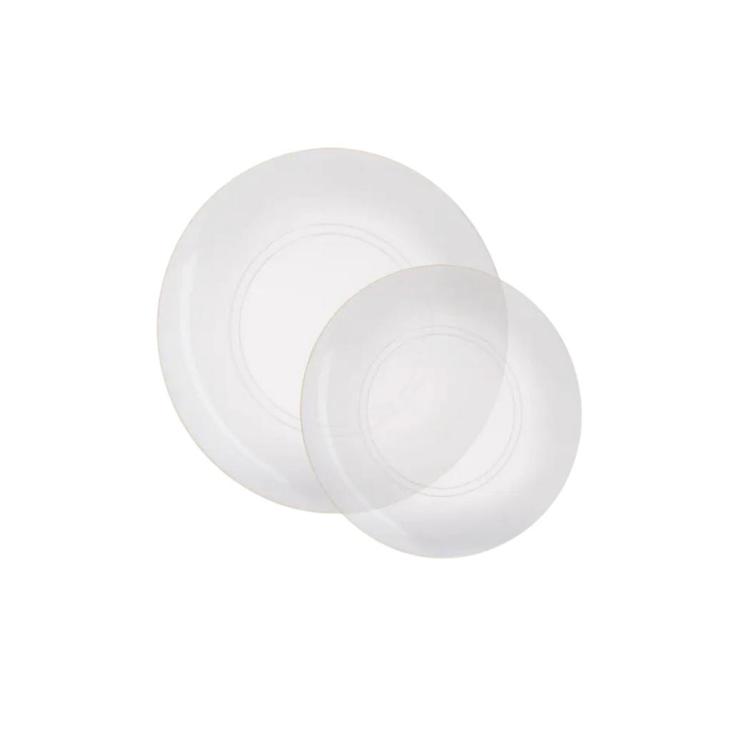 Clear gold round plastic plates elegant dinnerware for celebrations from Parte Haus party supply store in Bethesda MD