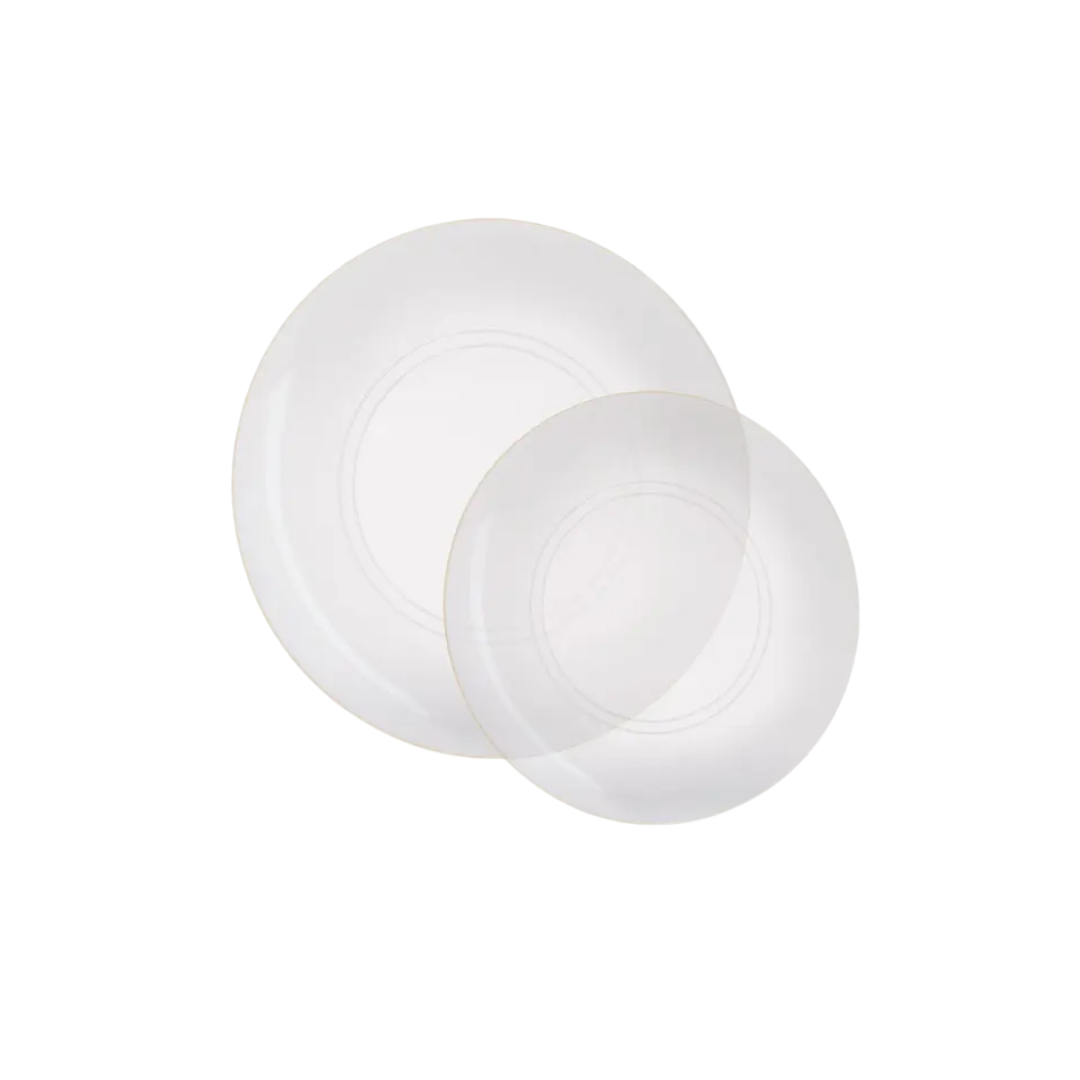 Clear gold round plastic plates elegant dinnerware for celebrations from Parte Haus party supply store in Bethesda MD