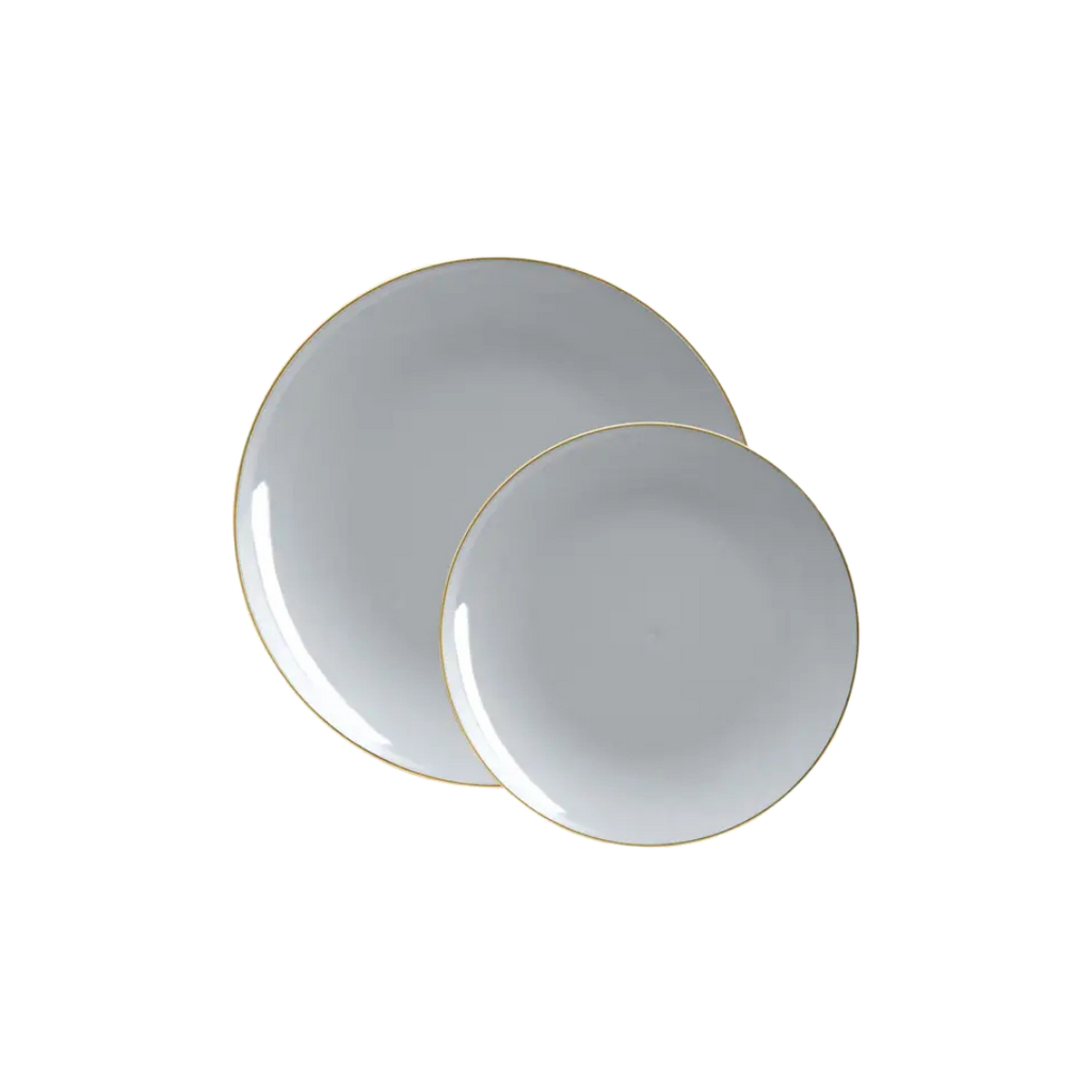 Gray gold plastic plates with round shape classic dinner design from Parte Haus party supply store in Bethesda MD