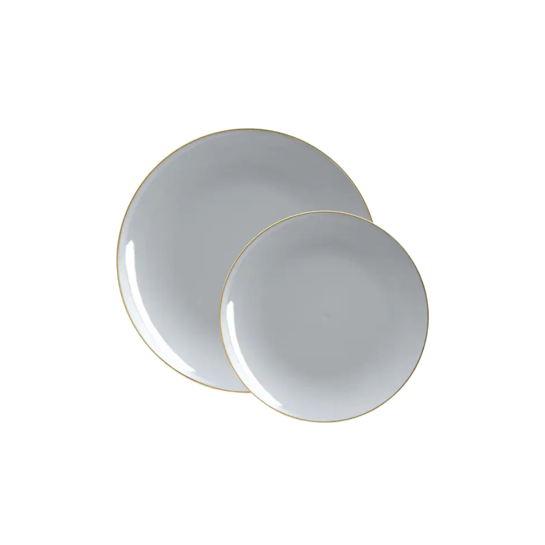 Gray gold plastic plates with round shape classic dinner design from Parte Haus party supply store in Bethesda MD