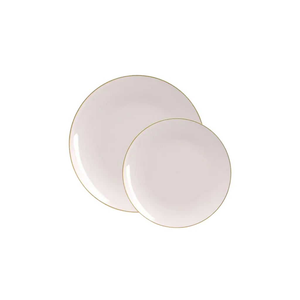 Gold round plastic plates with a shiny finish elegant dinnerware for events from Parte Haus party supply store in Bethesda Maryland
