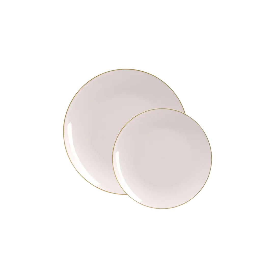 Gold round plastic plates with a shiny finish elegant dinnerware for events from Parte Haus party supply store in Bethesda Maryland