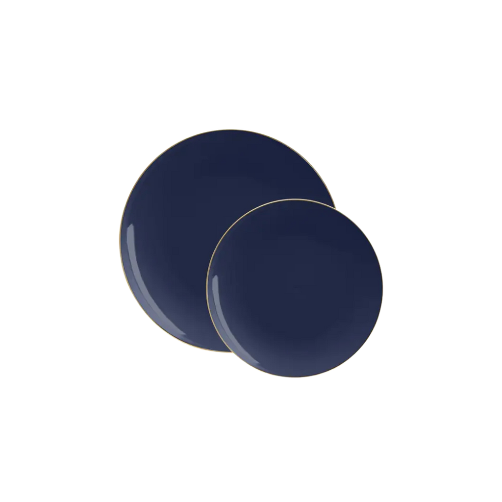 Round navy gold plastic plates with a shiny finish for elegant dinners from Parte Haus party supply store in Bethesda MD.