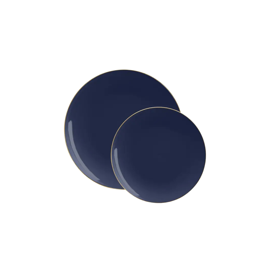 Round navy gold plastic plates with a shiny finish for elegant dinners from Parte Haus party supply store in Bethesda MD.