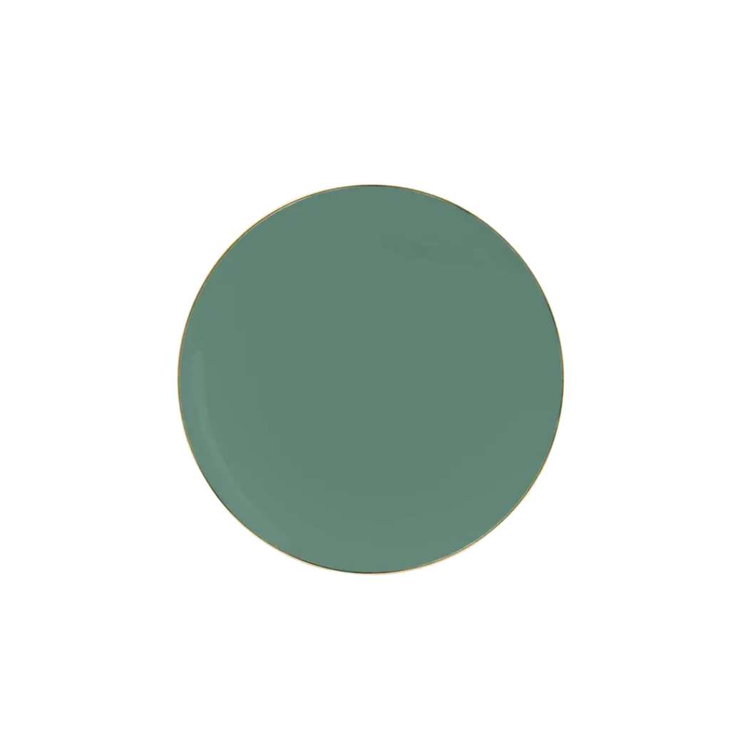 Sage green gold round plastic dinner plate elegant modern tableware from Parte Haus party supply store in Bethesda MD
